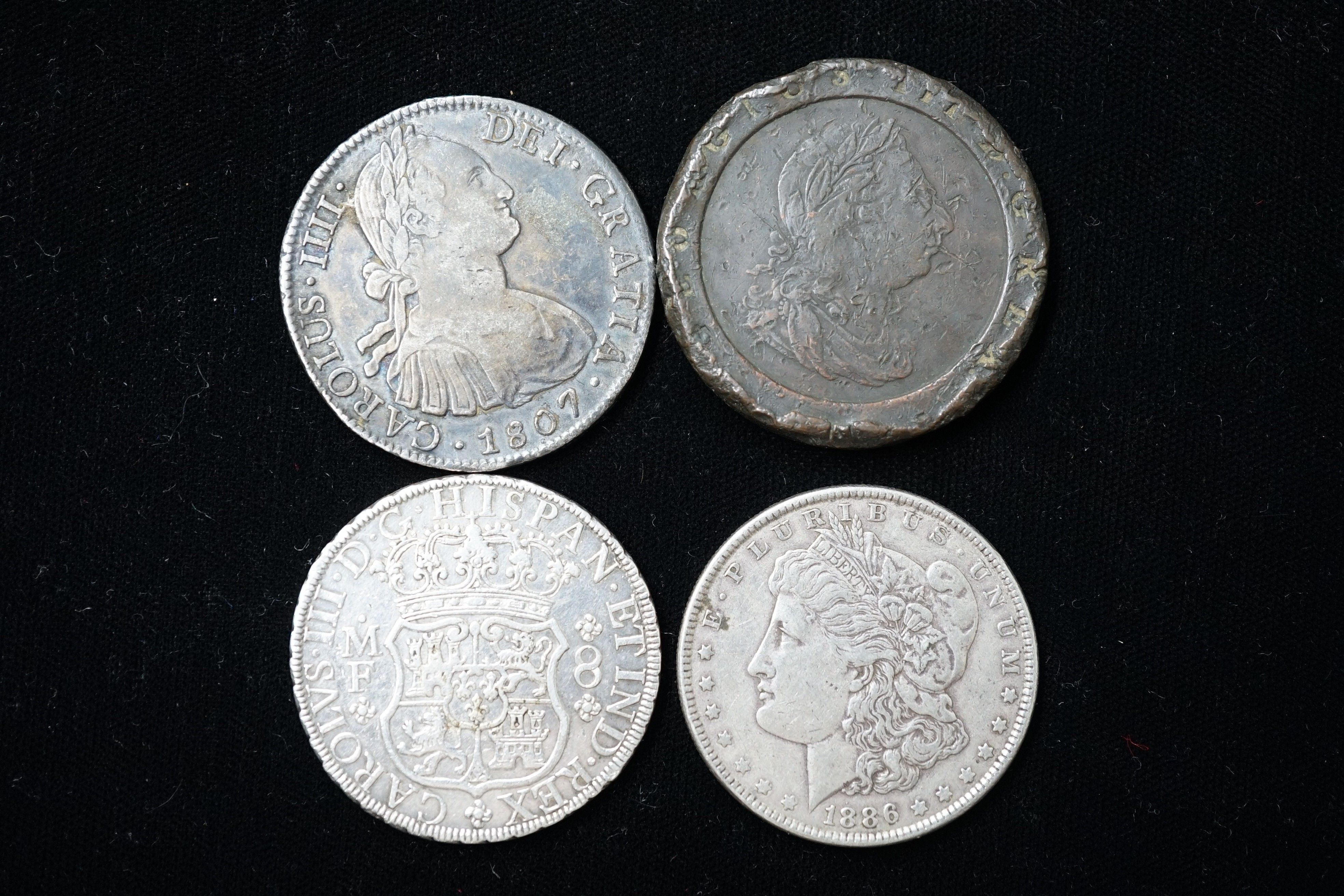 Spain coins, Charles III 8 Reales, Mexico 1770, cleaned otherwise good VF, a Charles IV 8 Reales, 1807, an 1886 Morgan dollar and a 1797 cartwheel twopence (4)